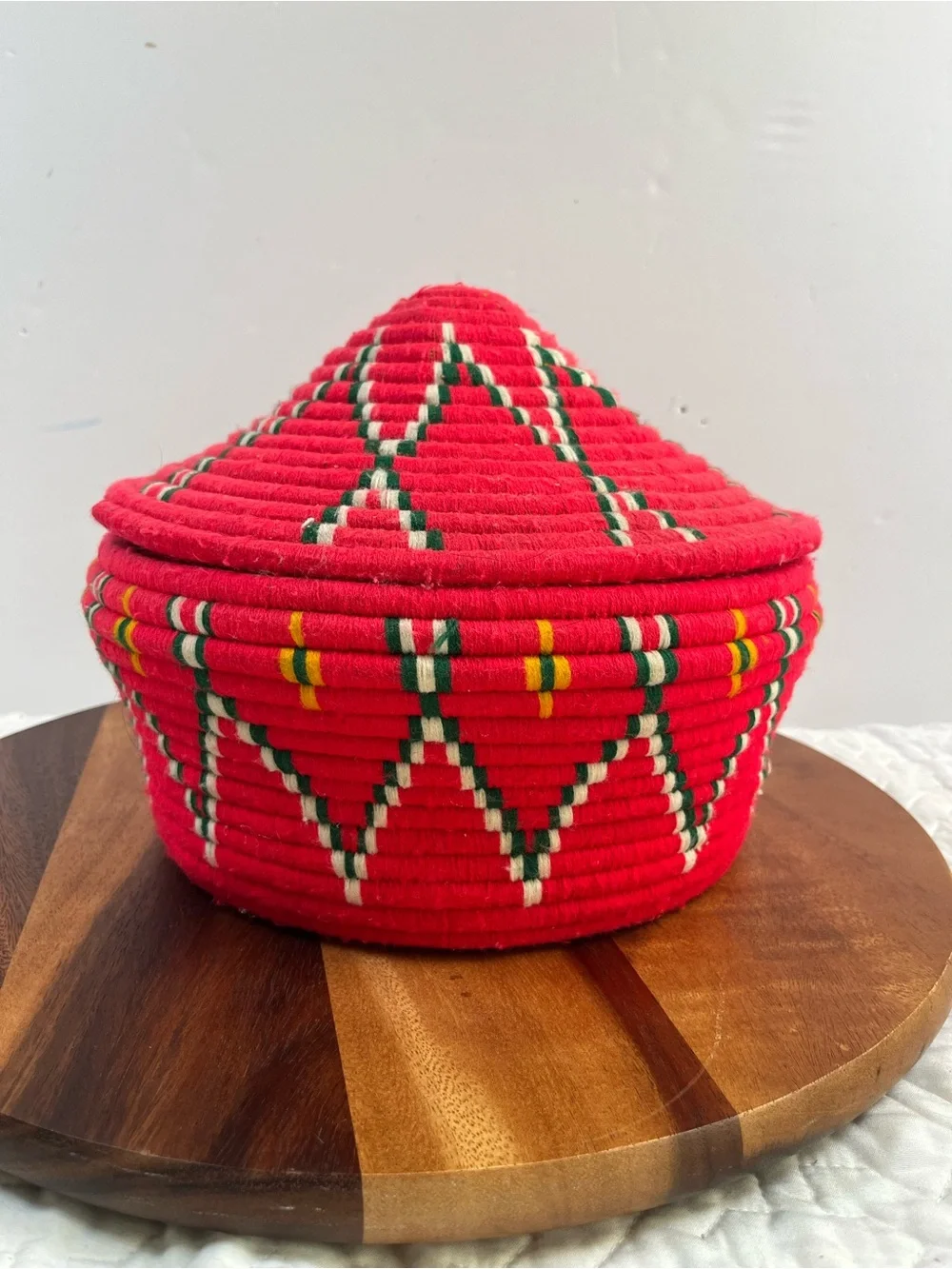 Vintage Ethiopian Handwoven Red Decorative Storage Basket with Lid